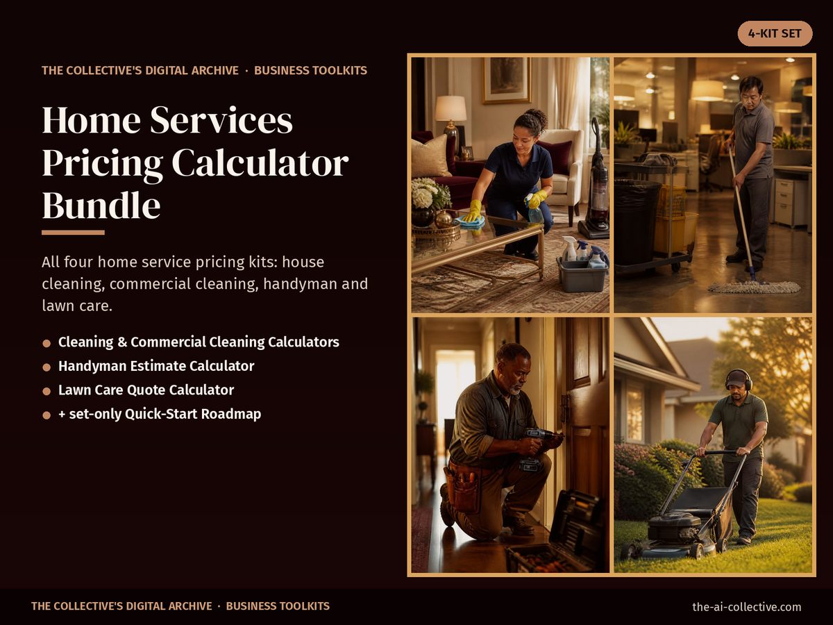 Home services pricing calculator bundle cover with images of cleaners, a handyman and a lawn care pro at work