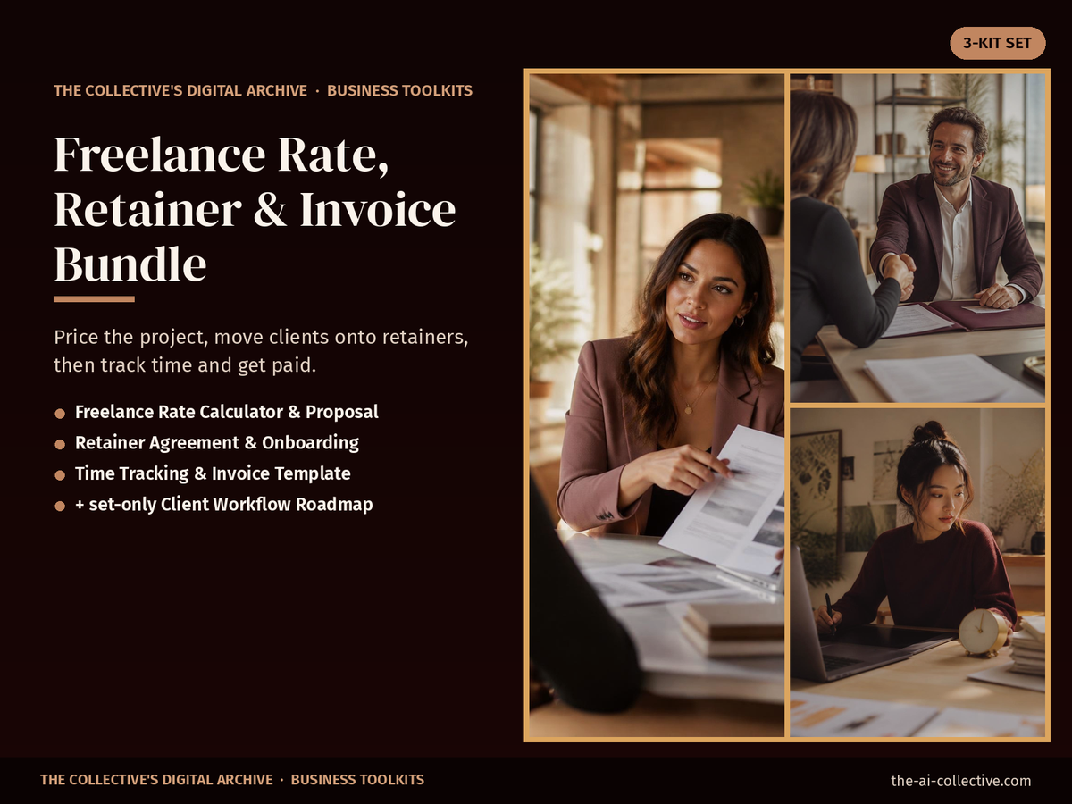Freelance rate, retainer and invoice bundle cover with images of freelancers meeting clients and working