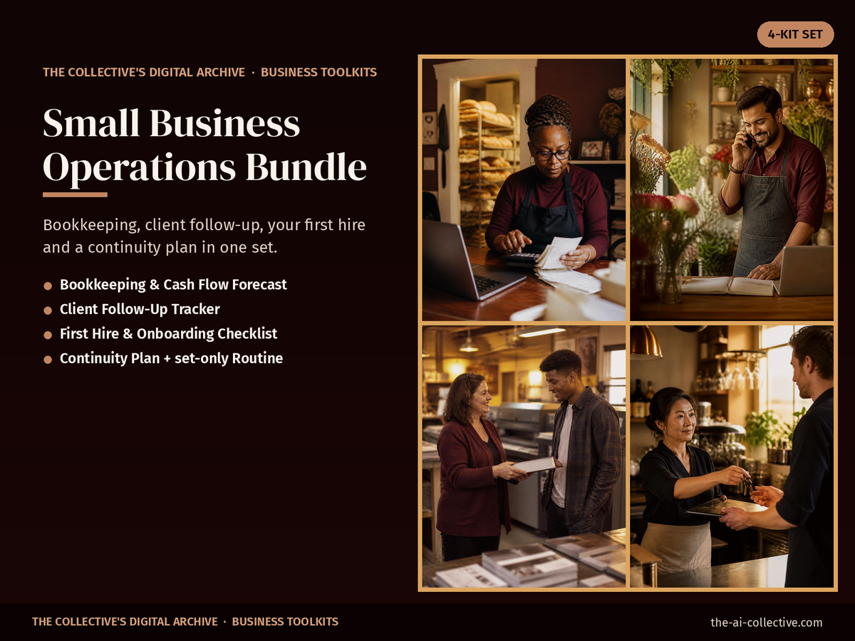 Small business operations bundle cover with images of owners doing bookkeeping, follow-up, hiring and handover