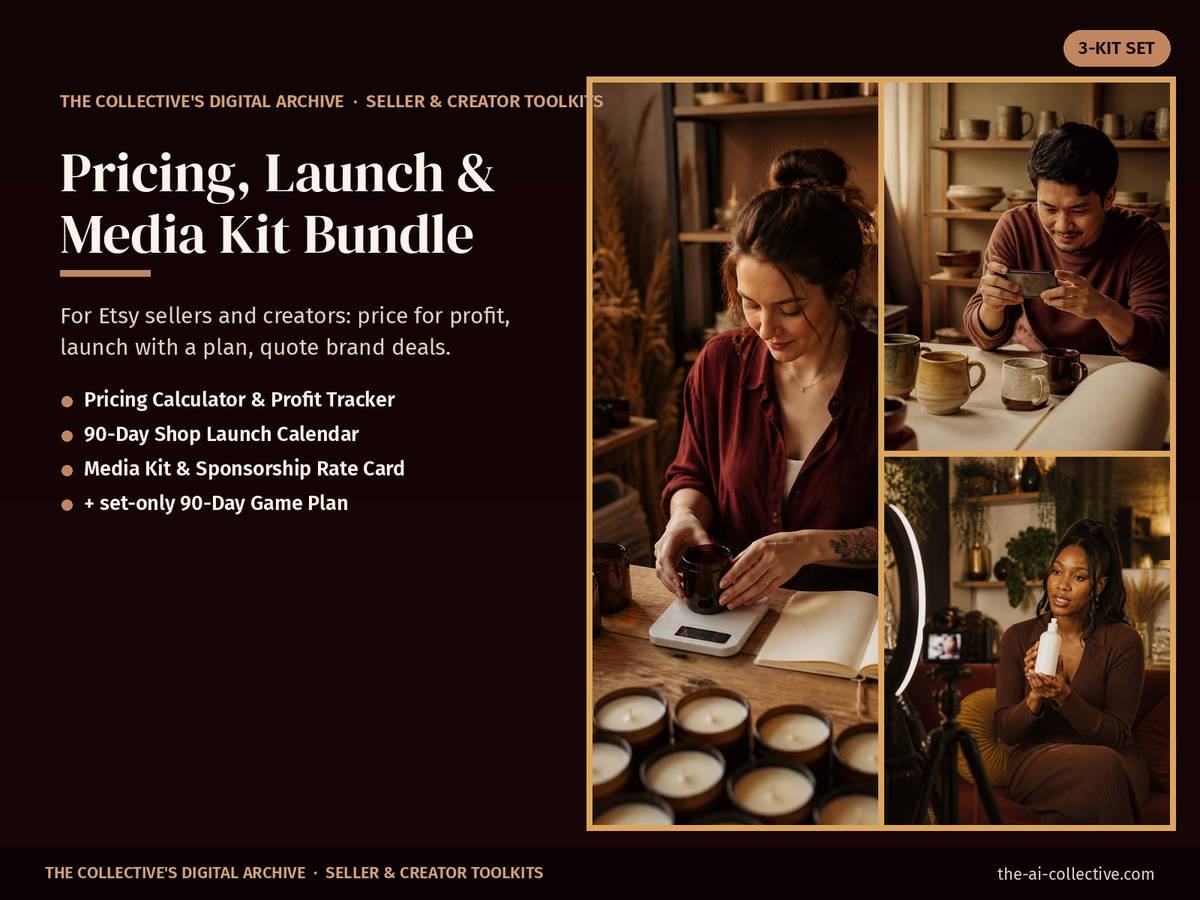 Pricing, launch and media kit bundle cover with images of an Etsy maker, a potter and a content creator