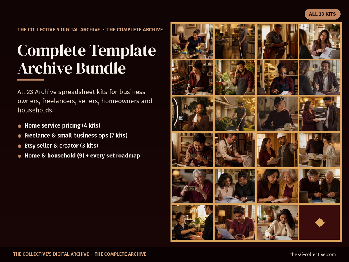 Complete template archive bundle cover with an image mosaic of people doing the tasks the 23 business and household kits support