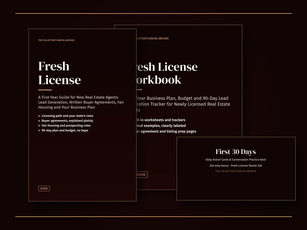 Fresh License Starter Set cover showing the guide, the workbook and the set-only First 30 Days card deck