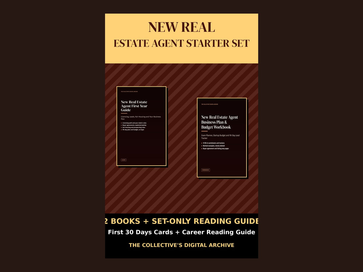 New Real Estate Agent Starter Set cover with the first-year guide and the business plan and budget workbook, labeled 2 books + set-only reading guide
