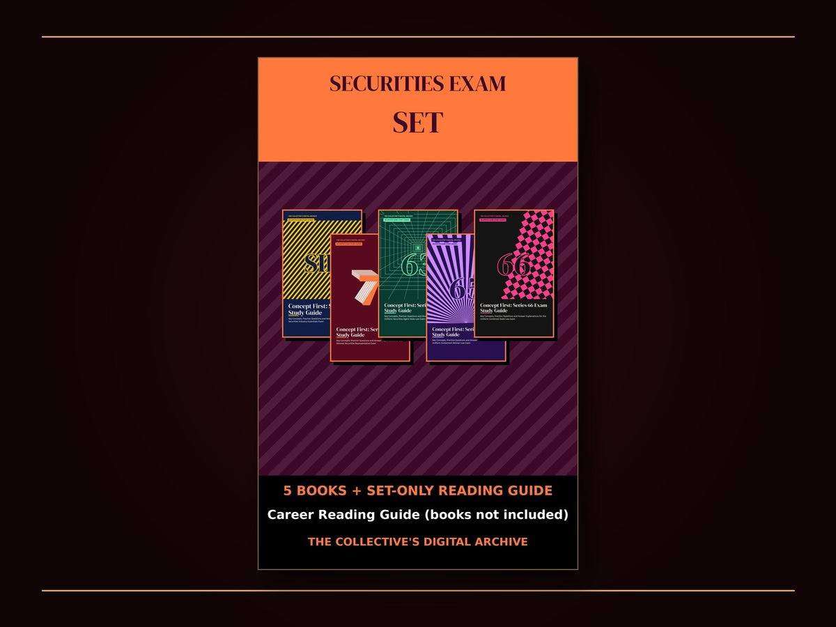 Bold Securities Exam Set cover with fanned covers of the 5 included books, labeled '5 books + set-only reading guide' and 'Securities Exam Career Reading Guide (books not included)'.