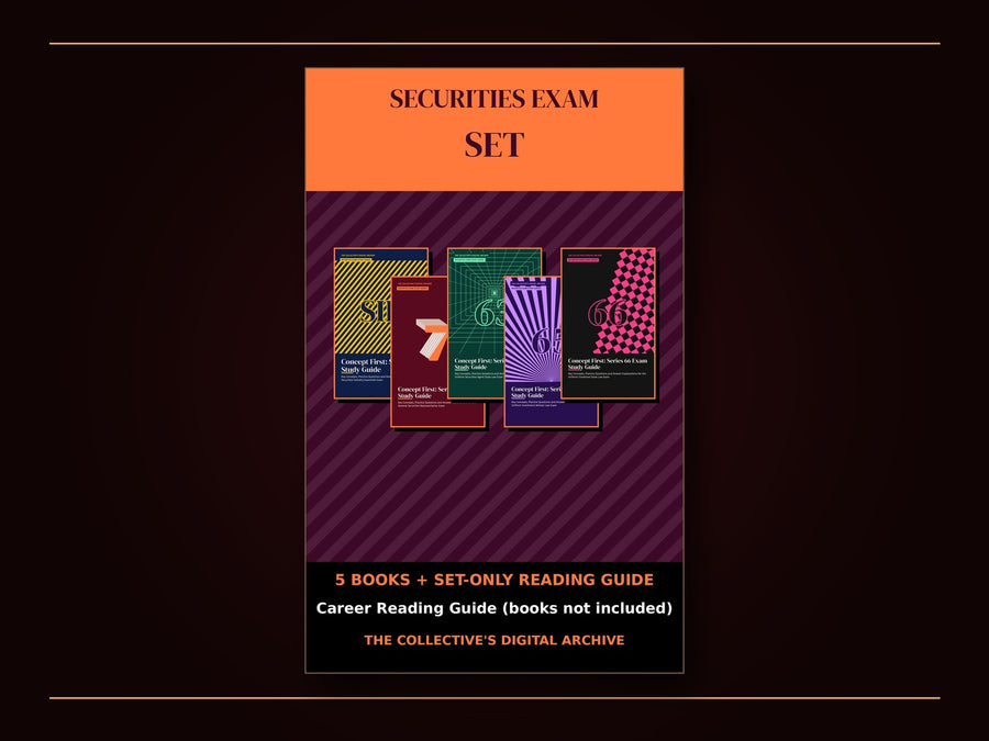 Bold Securities Exam Set cover with fanned covers of the 5 included books, labeled '5 books + set-only reading guide' and 'Securities Exam Career Reading Guide (books not included)'.