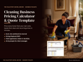 Cleaning business pricing calculator and quote template cover with a house cleaner in gloves wiping a living room table