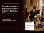 Cleaning business pricing calculator and quote template cover with a house cleaner in gloves wiping a living room table