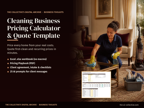 Cleaning business pricing calculator and quote template cover with a house cleaner in gloves wiping a living room table