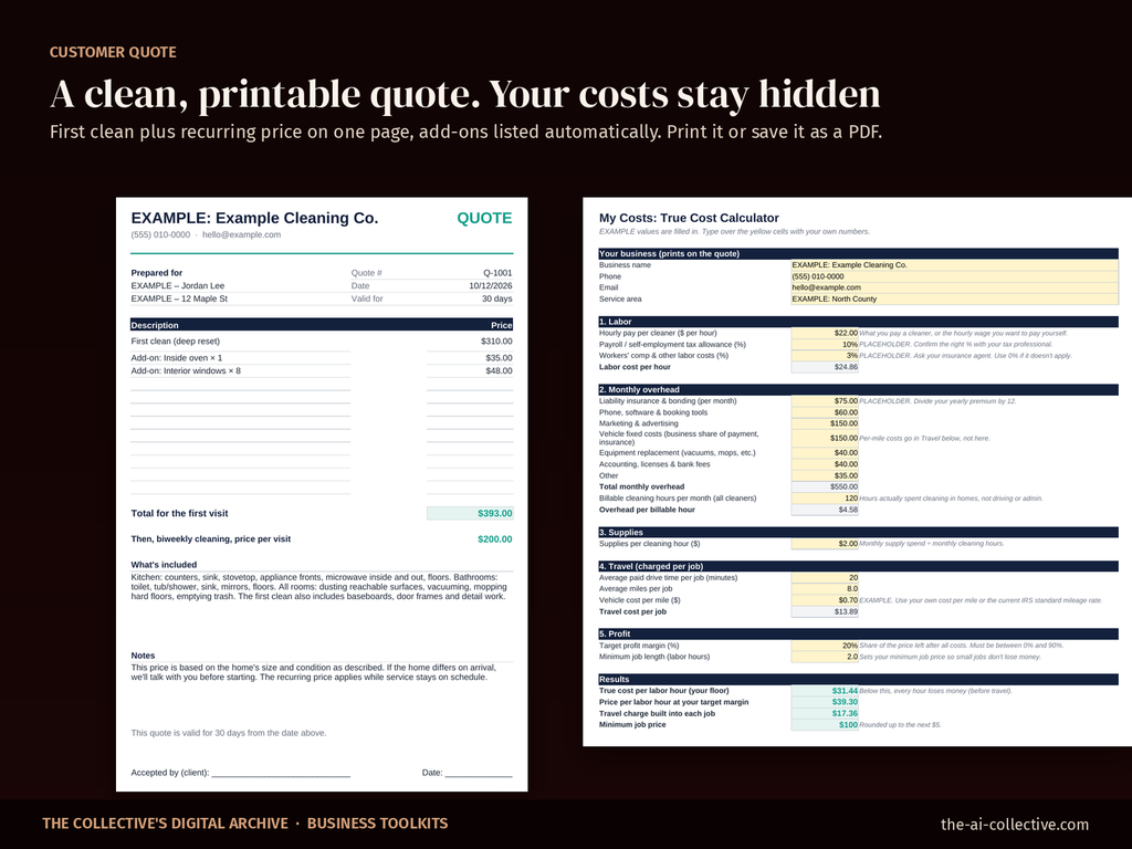 Printable house cleaning quote template next to the My Costs sheet