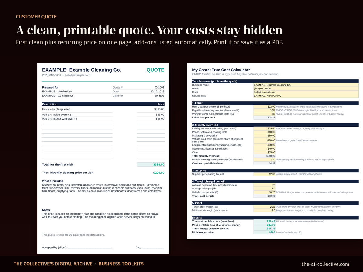 Printable house cleaning quote template next to the My Costs sheet