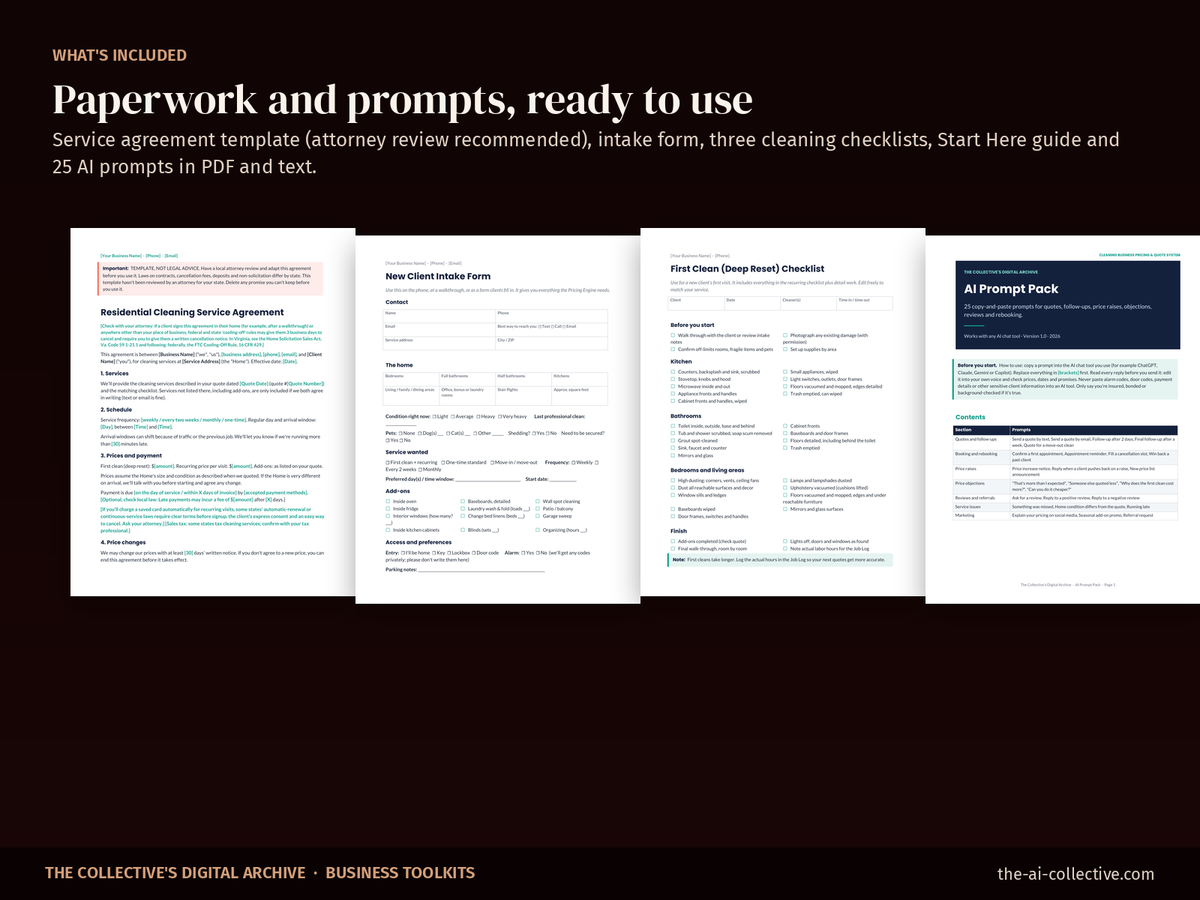 Cleaning service agreement, intake form, checklist and AI prompt pack pages