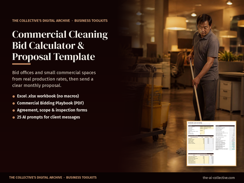 Commercial cleaning bid calculator and proposal template cover with a janitor mopping an office floor