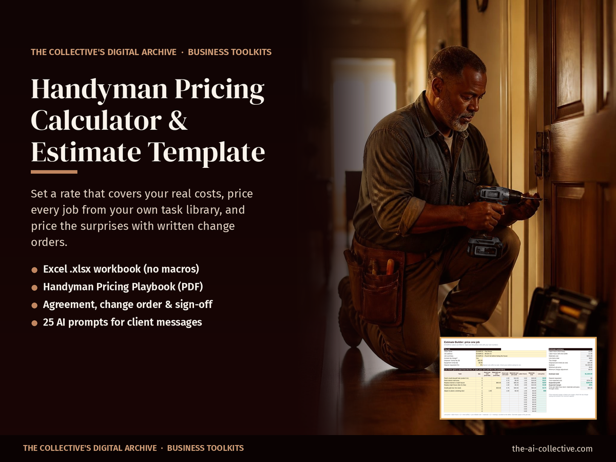 Handyman pricing calculator and estimate template cover with a handyman fixing a door with a drill