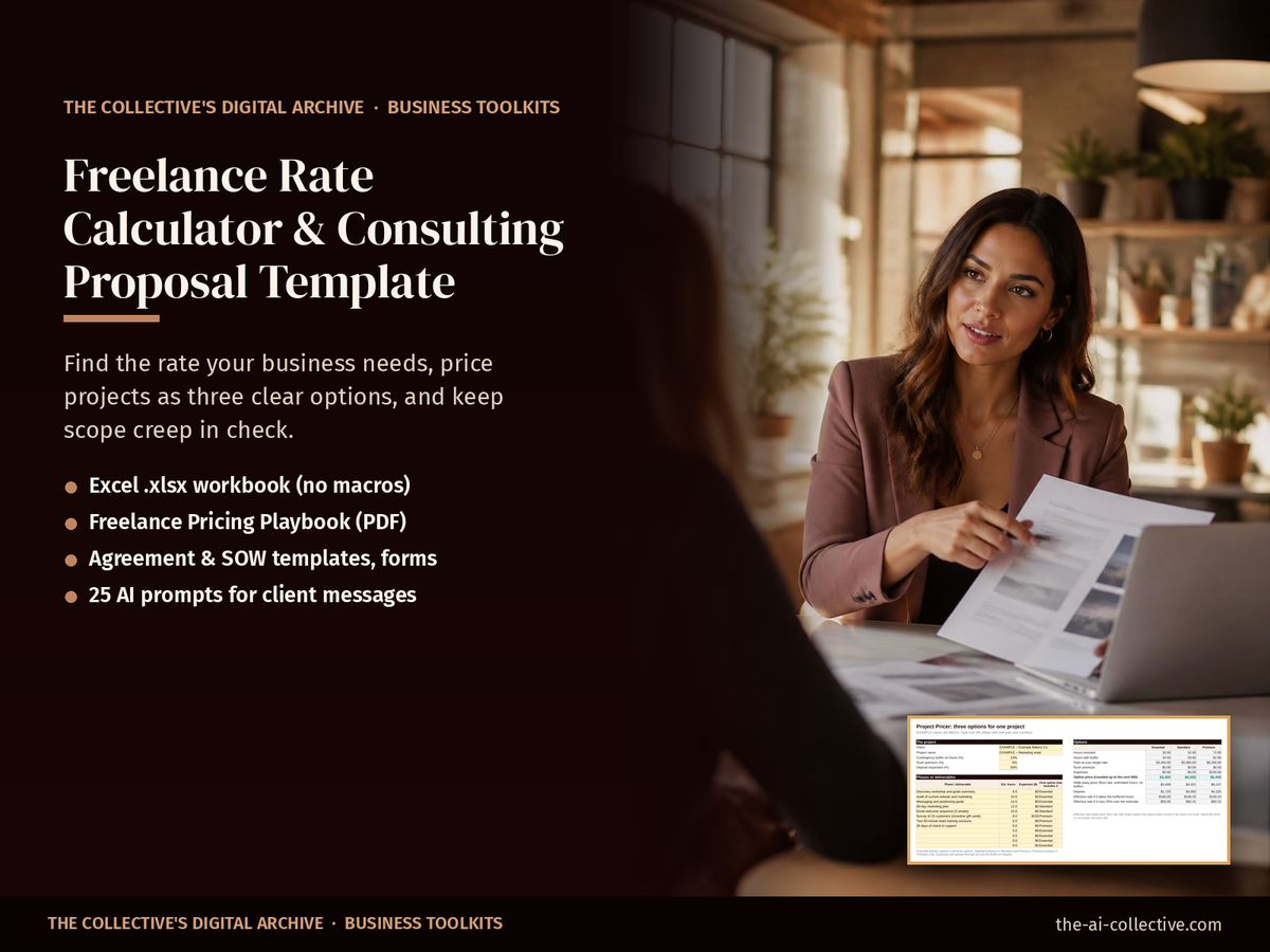 Freelance rate calculator and consulting proposal template cover with a consultant presenting a proposal to a client
