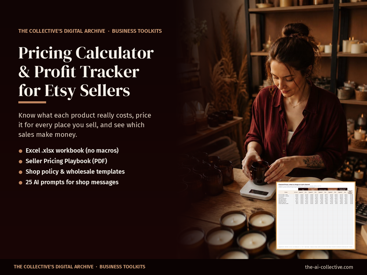 Pricing calculator and profit tracker for Etsy sellers cover with a maker weighing a handmade candle