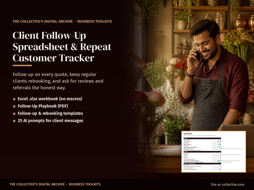 Client follow-up spreadsheet and repeat customer tracker cover with a flower shop owner calling a customer
