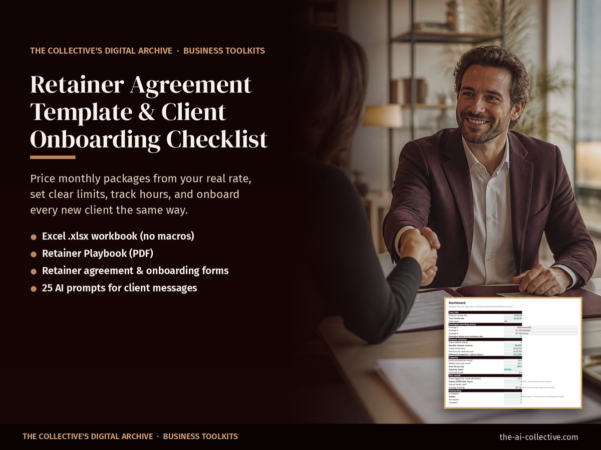 Retainer agreement template and client onboarding checklist cover with a consultant welcoming a new client