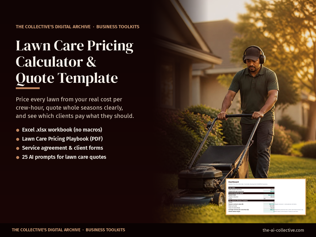 Lawn care pricing calculator and quote template cover with a lawn care pro mowing a front lawn