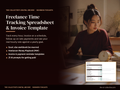 Freelance time tracking spreadsheet and invoice template cover with a designer working at her desk