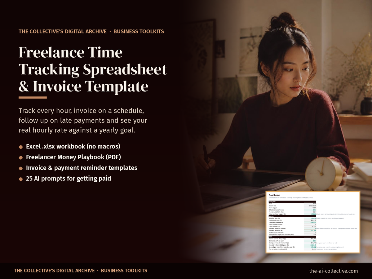 Freelance time tracking spreadsheet and invoice template cover with a designer working at her desk