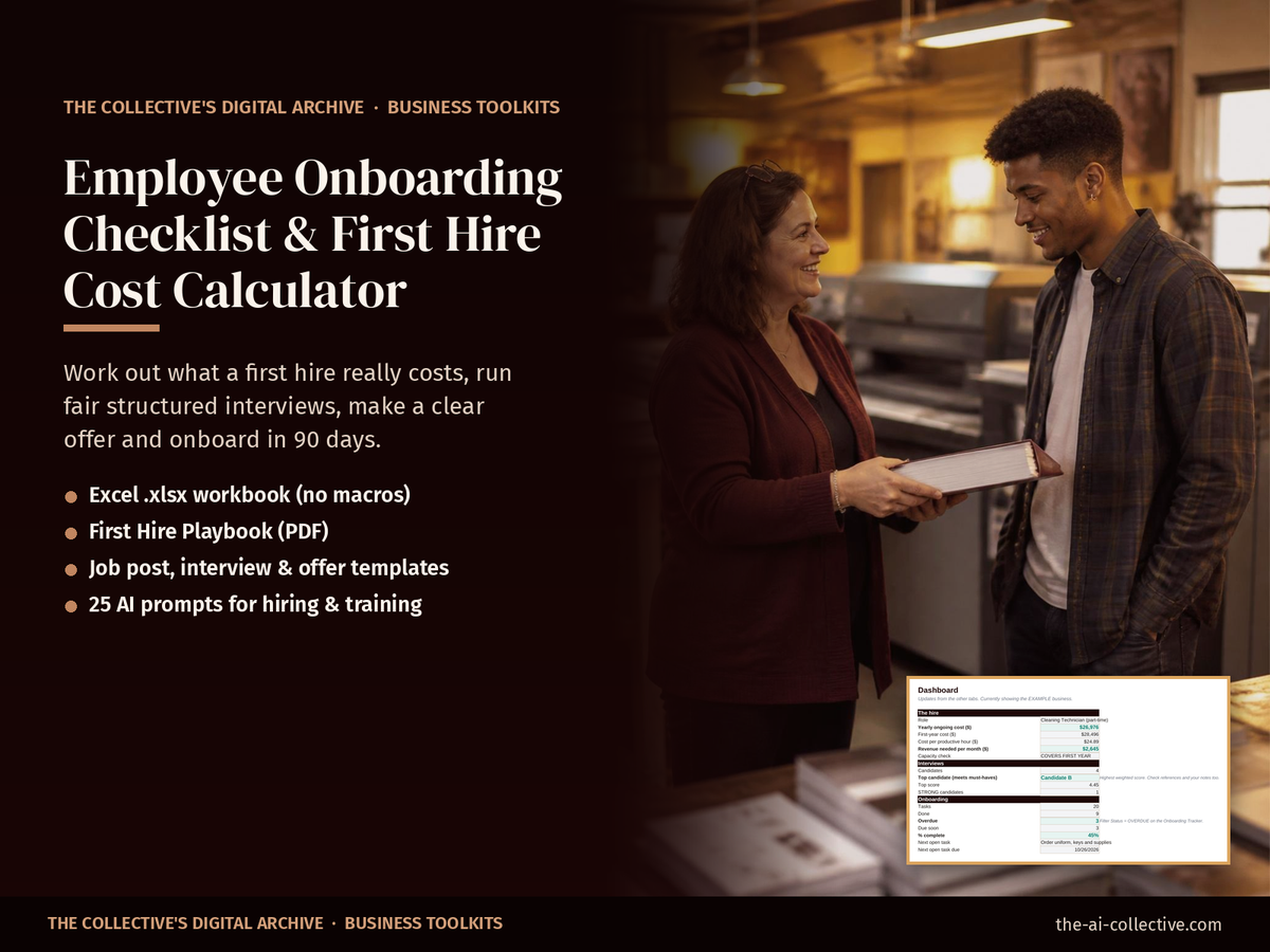 Employee onboarding checklist and first hire cost calculator cover with an owner welcoming a new employee