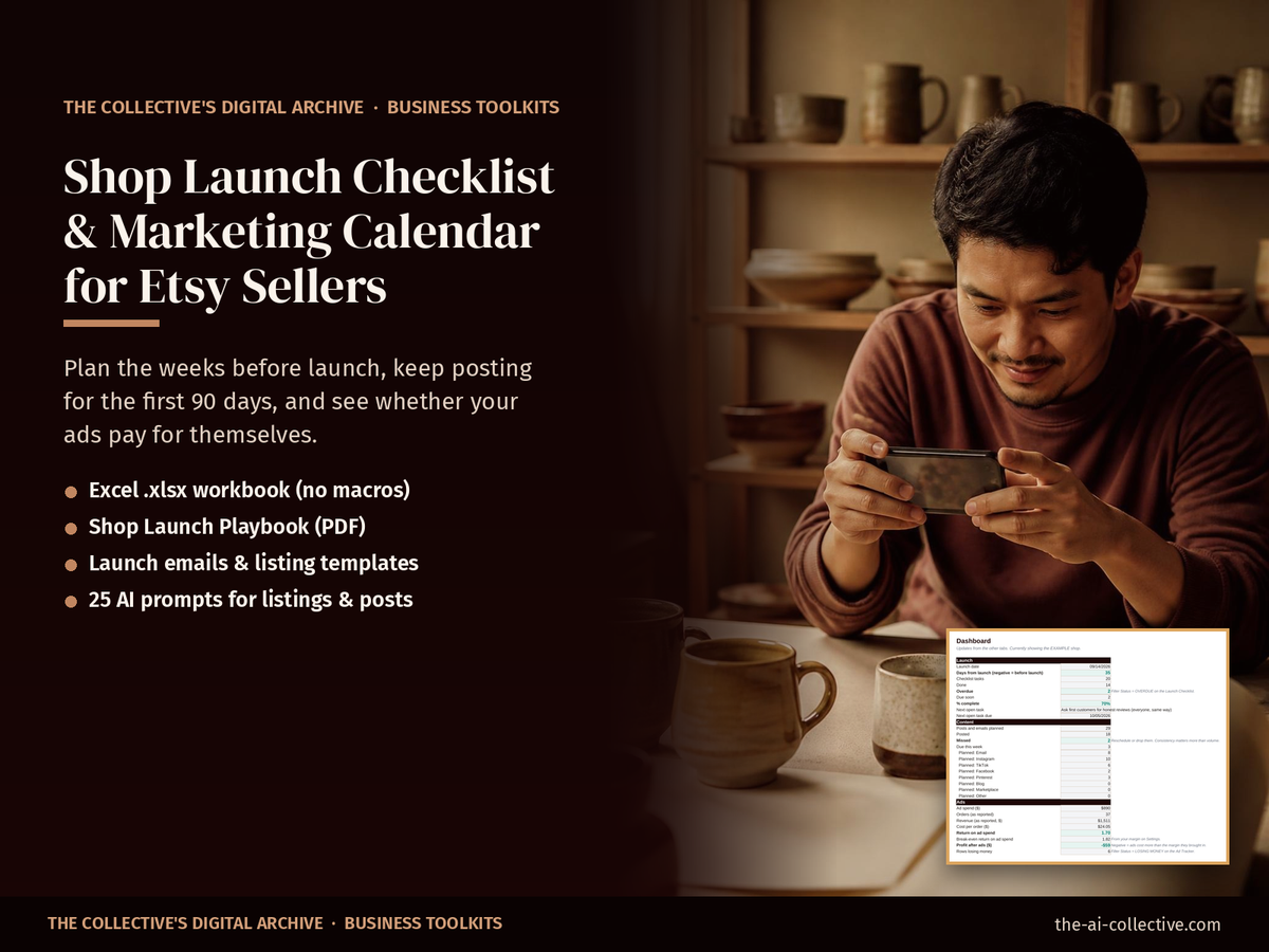 Shop launch checklist and marketing calendar for Etsy sellers cover with a potter photographing his mugs