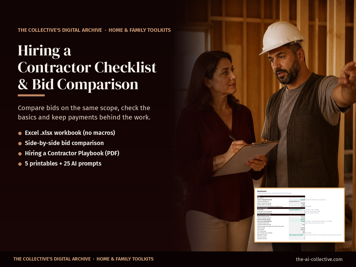 Hiring a contractor checklist and bid comparison cover with a homeowner and contractor reviewing a renovation