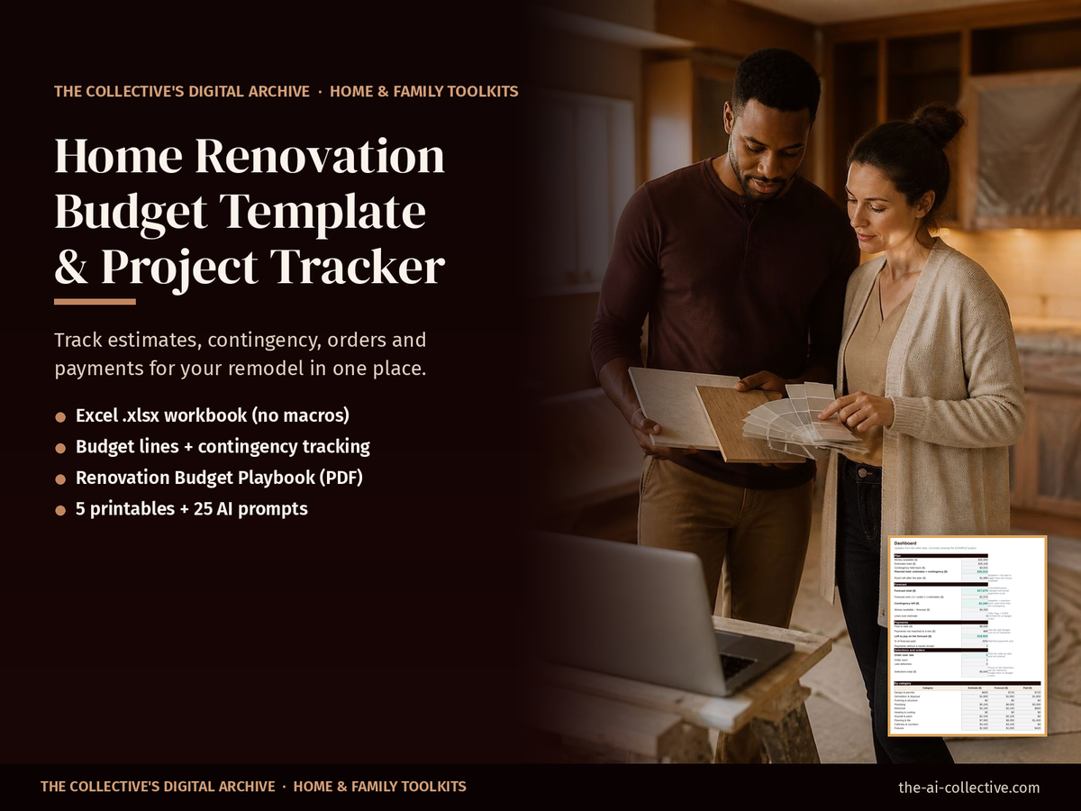 Home renovation budget template and project tracker cover with a couple comparing tile and paint samples
