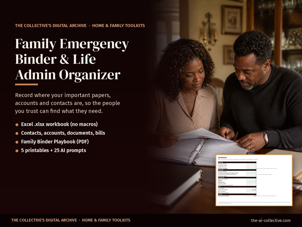 Family emergency binder and life admin organizer cover with a couple organizing important documents