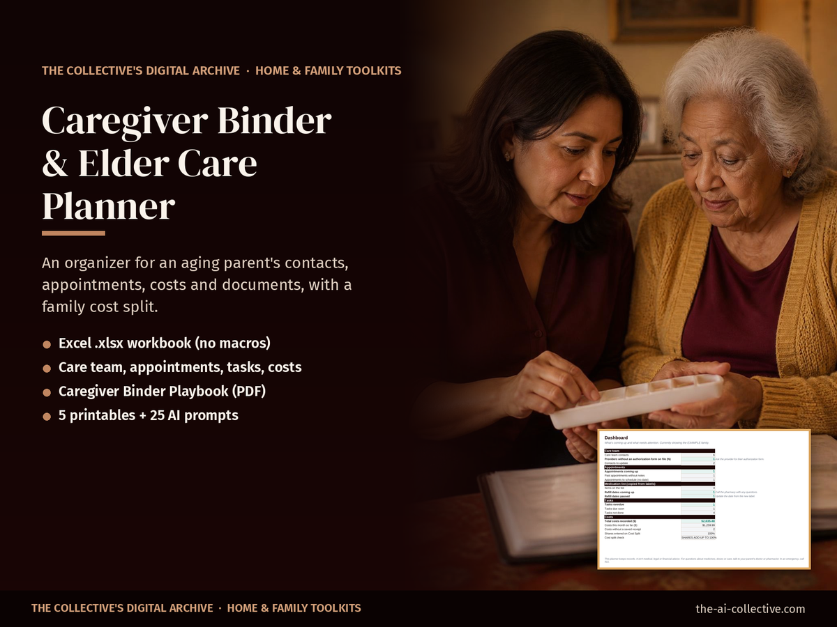 Caregiver binder and elder care planner cover with a daughter and her elderly mother sitting together with a care binder and pill organizer