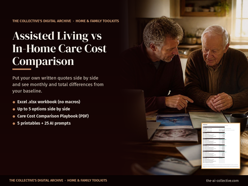 Assisted living vs in-home care cost comparison cover with a man and his elderly father comparing care options