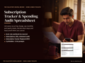Subscription tracker and spending audit spreadsheet cover with a man reviewing his bank statement