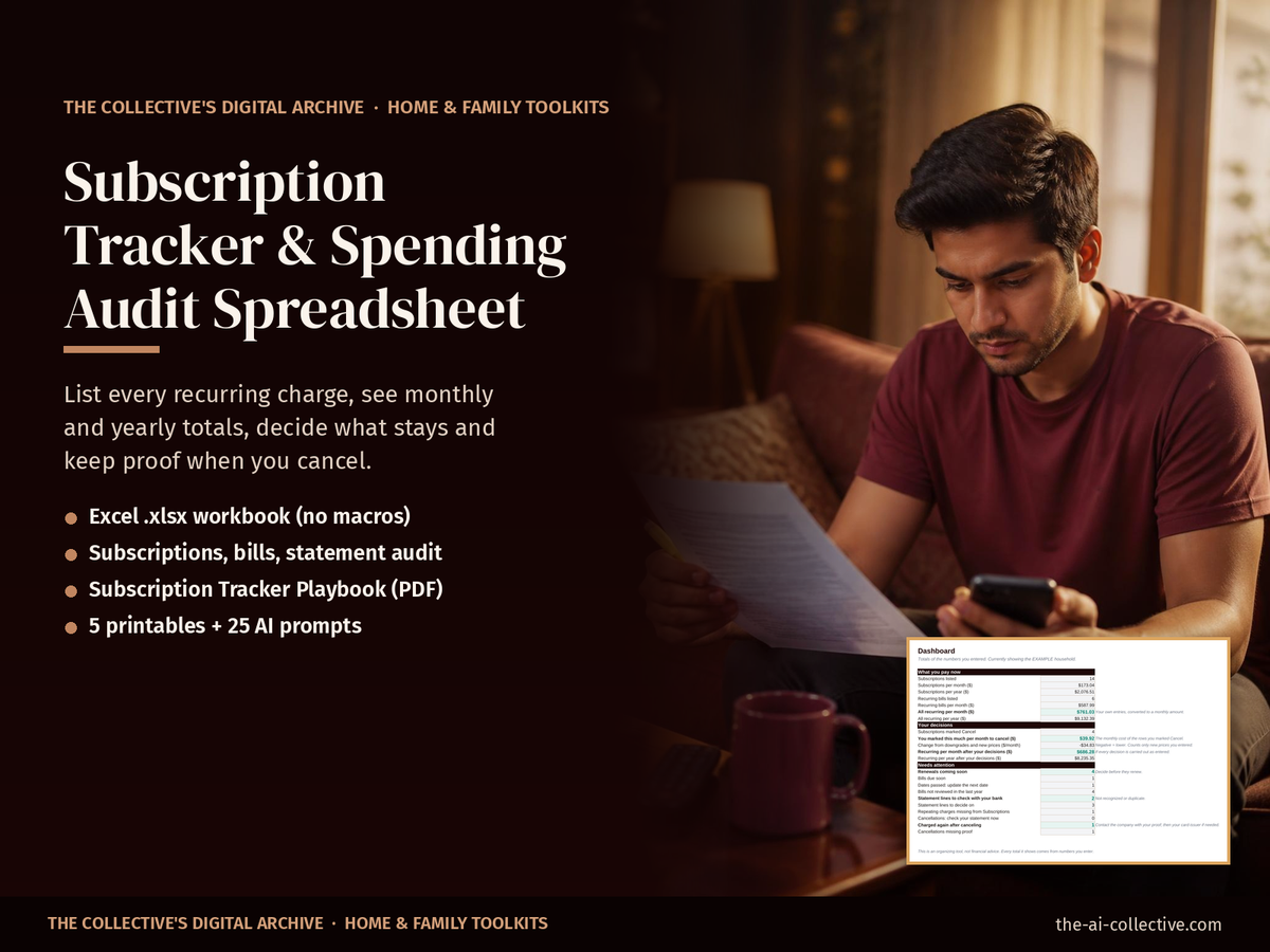 Subscription tracker and spending audit spreadsheet cover with a man reviewing his bank statement