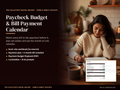 Paycheck budget and bill payment calendar cover with a woman planning her budget at a kitchen table