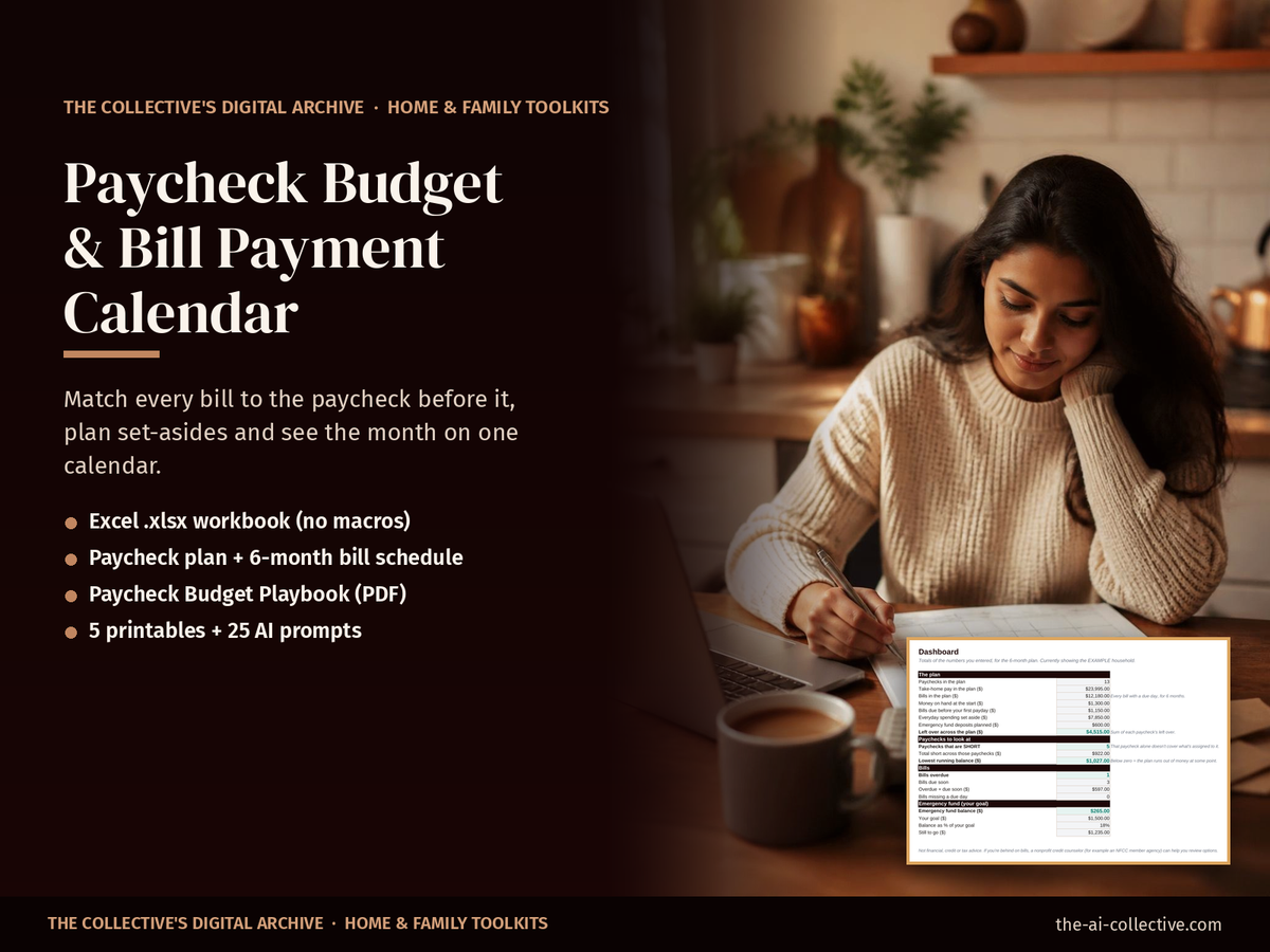 Paycheck budget and bill payment calendar cover with a woman planning her budget at a kitchen table