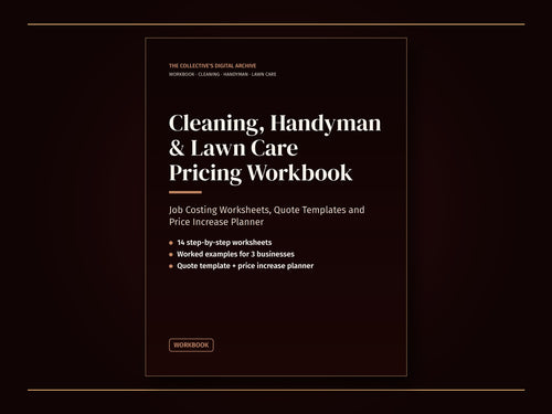 Cleaning, handyman and lawn care pricing workbook cover with job costing worksheets and quote templates