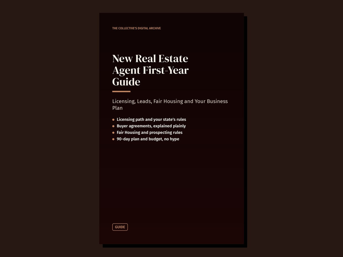 New Real Estate Agent First-Year Guide printable PDF cover: licensing, leads, Fair Housing and your business plan