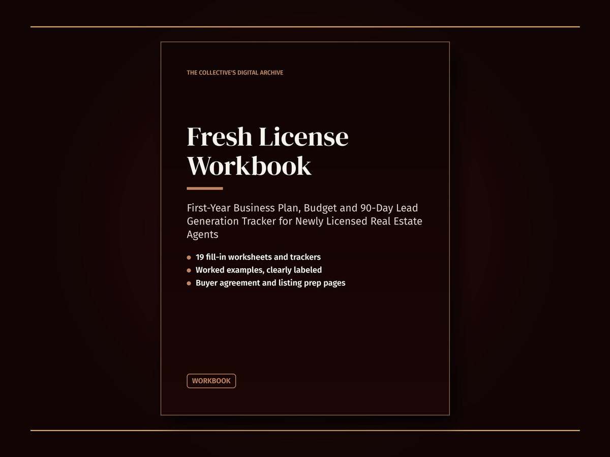 Fresh License Workbook cover: real estate agent business plan, budget and 90-day lead generation tracker