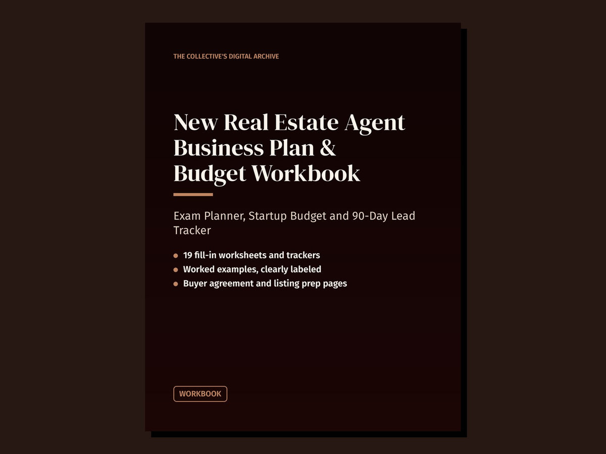 New Real Estate Agent Business Plan & Budget Workbook cover: exam planner, startup budget and 90-day lead tracker