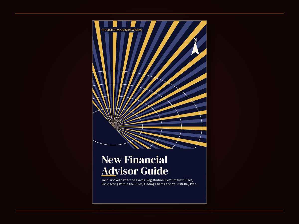 Book cover: on midnight navy, gold sunburst rays and thin orbit rings surround a north-pointing compass arrow; the title New Financial Advisor Guide sits below in large cream serif letters.