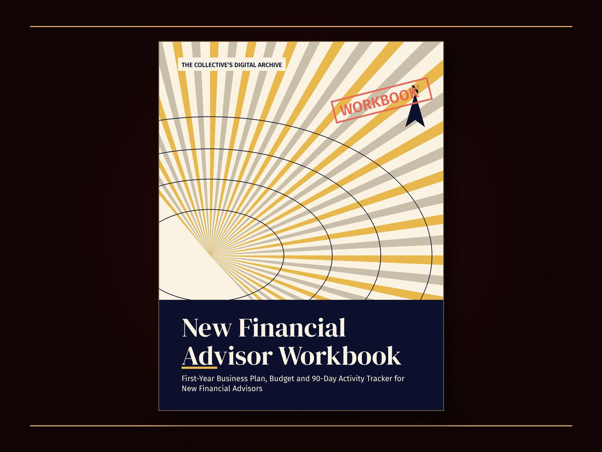 Workbook cover: a cream cover with navy orbit rings and a compass arrow, a rotated coral WORKBOOK stamp, and the title New Financial Advisor Workbook in large navy serif letters.