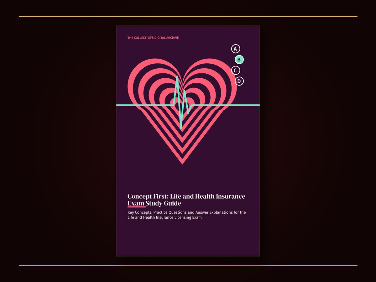 Book cover: on deep plum, a giant coral heart built from concentric rings is crossed by a bright mint heartbeat line that runs edge to edge; a stack of tilted answer bubbles marked A to D floats beside it, and the title Concept First: Life and Health Insurance Exam Study Guide sits below in large cream serif letters.