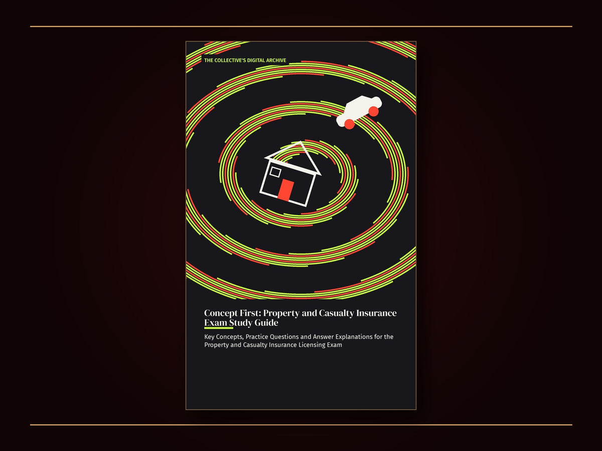 Book cover: on charcoal, a bright lime-and-red spiral vortex spins behind a tilted house outline and a small car silhouette caught mid-air; the title Concept First: Property and Casualty Insurance Exam Study Guide sits below in large cream serif letters.