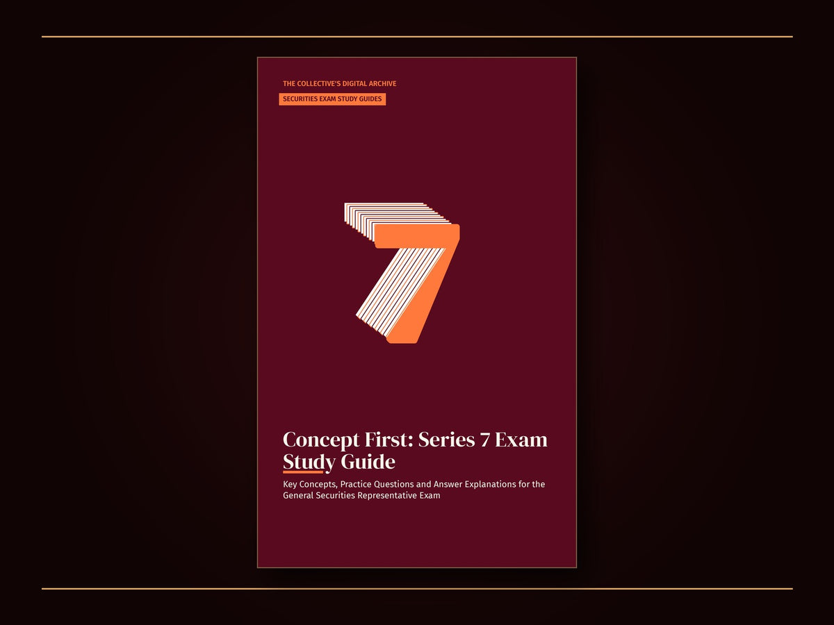 Book cover: deep wine red with a huge orange numeral 7 trailing a stacked, striped 3D echo up and to the left like a motion blur; series tag SECURITIES EXAM STUDY GUIDES; title Concept First: Series 7 Exam Study Guide in large cream serif letters below.