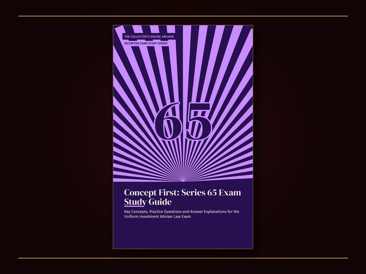 Book cover: deep violet with the numerals 65 in lavender rising out of a field of radiating lavender rays like a sunrise; series tag SECURITIES EXAM STUDY GUIDES; title Concept First: Series 65 Exam Study Guide in large cream serif letters below.