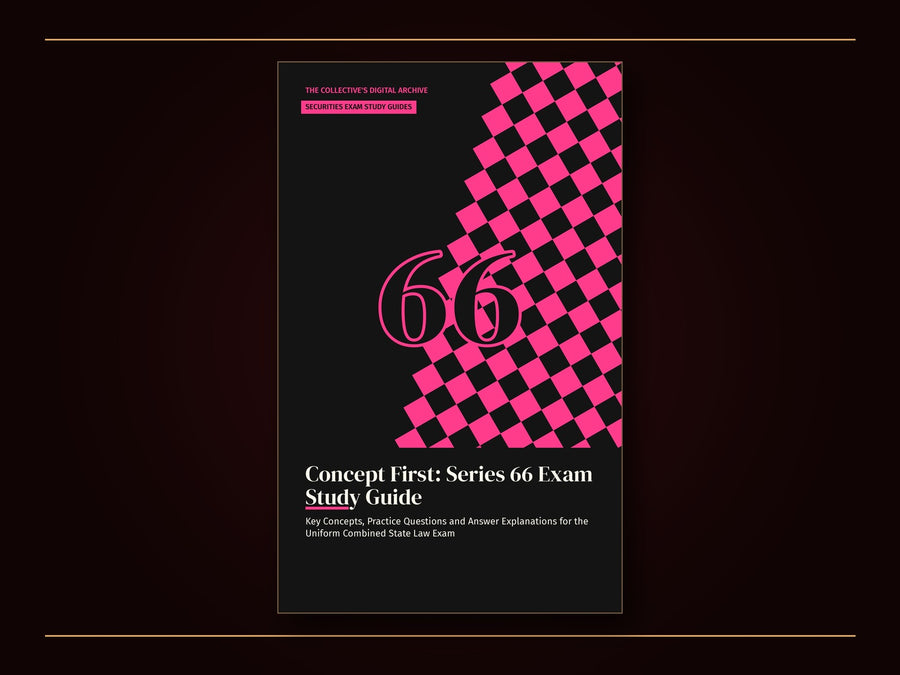 Book cover: near-black with the numerals 66 in hot pink, outlined against a checkerboard of pink and black tiles tumbling diagonally across the upper right; series tag SECURITIES EXAM STUDY GUIDES; title Concept First: Series 66 Exam Study Guide in large cream serif letters below.